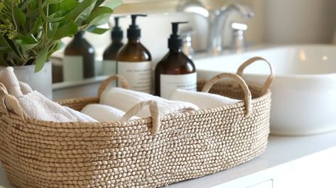 Discover what to put in bathroom baskets for your wedding with our top tips and ideas. Ensure guests feel comfortable and pampered. Bathroom Hospitality Basket, Period Basket, Bathroom Basket Wedding, Bathroom Basket, Wedding Bathroom, Bathroom Baskets, Luxurious Wedding, Girls Bathroom, In Bathroom