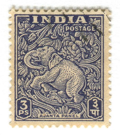 India Postage Stamp: Ajanta Caves Elephant. c. 1949 #stamp elephant postage stamp. ephemera India 1940s vintage dark blue. Indian Stamps, Stamp Illustration, Kertas Vintage, Ajanta Caves, Woodcut Prints, طوابع بريد, Visuell Identitet, Drawing Portraits, Postage Stamp Design