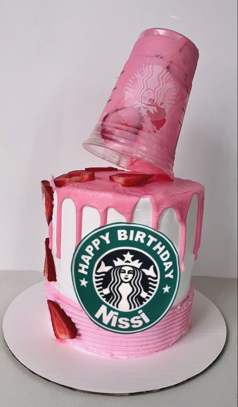 Starbucks Pink Drink Cake Ideas, Starbucks Themed Birthday Cake, Starbucks Pink Drink Cake, Asthetic Cakes For Girl, Pink 15th Birthday Cake, Pink Starbucks Cake, Starbucks Cake Design, Pink Drink Cake, Starbucks Cakes Birthday Ideas