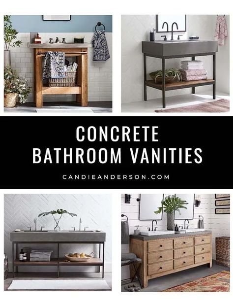 The Best Concrete Bathroom Vanities In Every Design, Style & Trend! - Candie Anderson Metal Vanity Bathroom, Cement Vanity Bathroom, Concrete Bathroom Vanity, Concrete Vanity Top, Concrete Vanity, Powder Room Vanity, Concrete Bathroom, Vanity Bathroom, Blogger Design