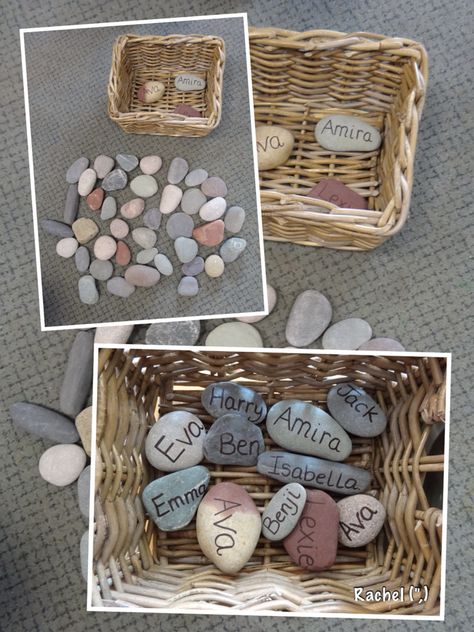 Name stones for self registration. The children choose their own stone... from Rachel (",) Self Registration, Reggio Emilia Classroom, Reggio Inspired Classrooms, Reggio Emilia Inspired, Eyfs Classroom, Reggio Classroom, Early Years Classroom, Classroom Organisation, Reggio Inspired