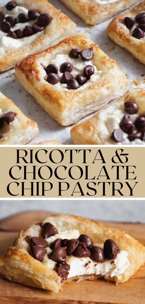 Easy 5-ingredient cannoli-inspired ricotta chocolate chip pastry squares. These yummy bites of chocolate, sweet cheese, and delicate puff pastry will melt-in-your mouth. Simple to make, impressive for guests. Easy Desserts Puff Pastry, Sweet Cheese Recipes, Simple Easter Recipes, Puff Pastry With Ricotta Cheese, Ricotta Cannoli Squares, Easy Made Desserts, Quick And Easy Bakes, Chocolate Brunch Recipes, Cafe Pastry Ideas