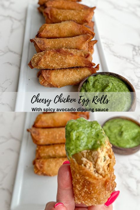 Chicken Avocado Egg Rolls, Chicken And Cheese Egg Rolls, Shredded Chicken Egg Rolls, Avacado Egg Rolls, Taco Egg Rolls, Chicken Avacado, Creamy Avocado Dip, Avocado Dipping Sauce, Avocado Egg Rolls