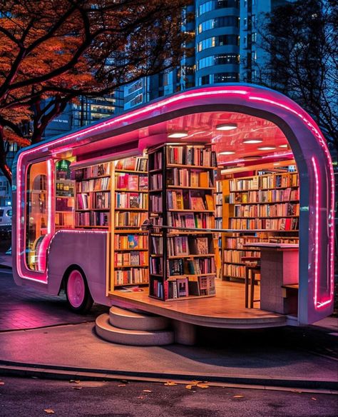 Book Truck, Book Arch, Old School Bus, Mobile Library, Bookstore Cafe, Dream Library, Coffee Shop Aesthetic, تصميم للمنزل العصري, Upcycle Books