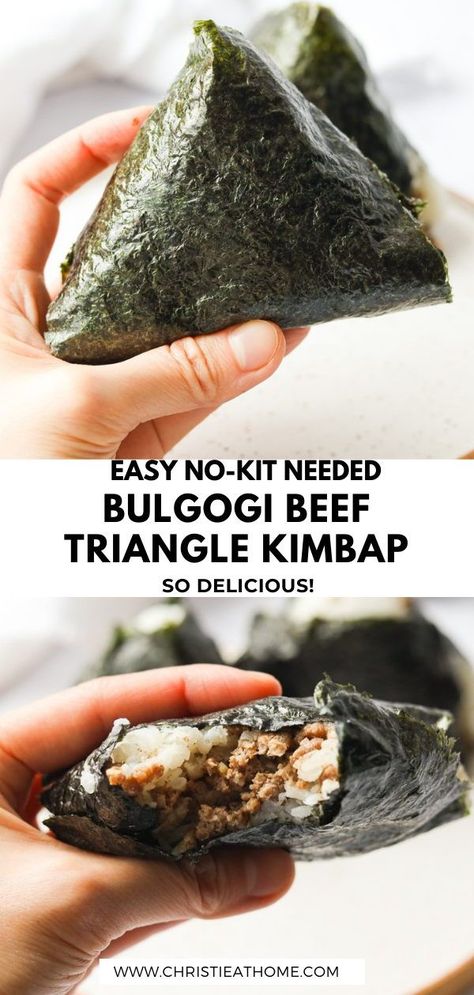 Bulgogi Beef Triangle Kimbap. Korean bulgogi flavoured ground beef wrapped in rice and crunchy sheet of seaweed. Simple, delicious, filling and totally satisfying. Great for breakfast, a snack, picnics or a quick lunch to take on the go! #kimbap recipe easy #korean food aesthetic snack #korean sushi kimbap #easy korean recipes #korean beef bulgogi recipe #ground beef bulgogi recipe #authentic asian recipes #asianrecipes #asianfood #koreanfood #koreanrecipes Triangle Kimbap, Koreansk Mad, Asain Food, Korean Bulgogi, Easy Korean Recipes, Bulgogi Recipe, Bulgogi Beef, Korean Cooking, Korean Dishes