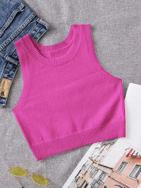 Solid Ribbed Knit Sweater Vest | SHEIN USA Hot Pink Sweater, Barbie Dress Fashion, Sweater Vests, Solid Sweaters, Sweater Vest Women, Ribbed Knit Top, Streetwear Fashion Women, Women Sweater, Tank Top Camisole