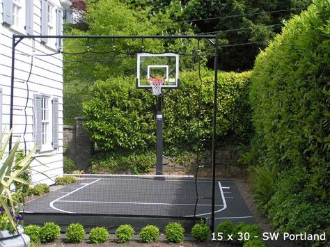 Basketball doesn't have to be played on the driveway or a full size basketball court - Sport Court St. Louis can build a backyard court to fit any space in your yard. Backyard Court, Home Basketball Court, Basketball Court Backyard, Backyard Basketball, Backyard Sports, Outdoor Basketball Court, Side Yards, Backyard Privacy, Sport Court