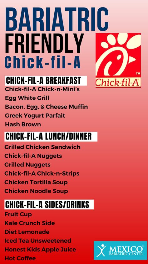 Everyone's favorite chicken fast-food place is bariatric friendly! This list helps you know what to order when in a rush while letting you stay on track with your goals. Sleeve Meals, Sleeve Surgery Diet, Chicken Fast Food, Bariatric Recipes Sleeve Liquid Diet, Bariatric Lifestyle, High Protein Bariatric Recipes, Bariatric Recipes Sleeve, Gastric Bypass Diet, Vsg Recipes