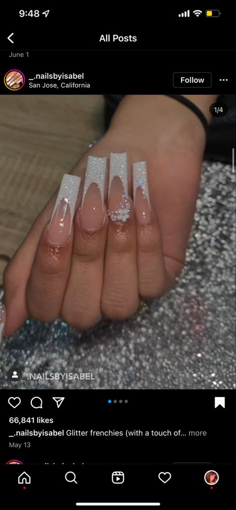 Frenchies Acrylic Nails, Acrylic Nails Instagram, Glitter Frenchies, Frenchies Nails, Silver Acrylic Nails, Sugar Glitter, French Top, Glitter French Tips, Nail Art Glitter