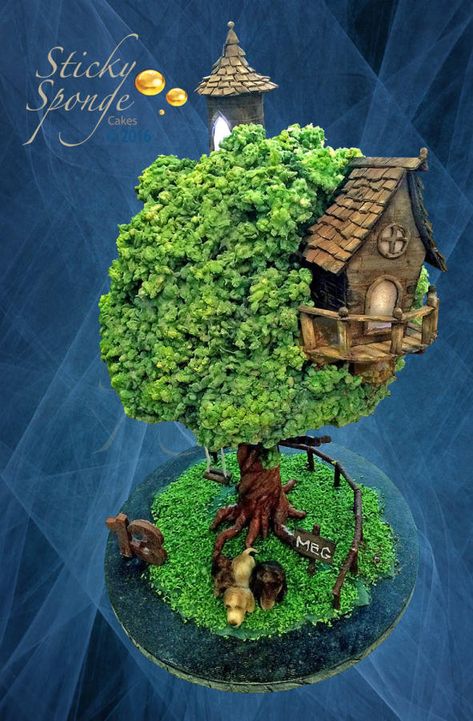 Treehouse cake - Cake by StickySponge Treehouse Cake, Gravity Cakes, Cake Structure, Gravity Defying Cake, Gravity Cake, 3 Dogs, Cool Cake Designs, Sculpted Cakes, House Cake