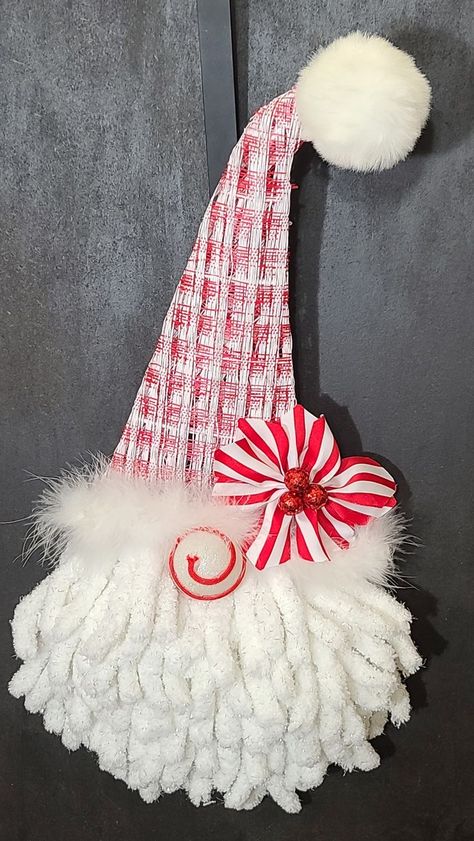 Dollar Tree Wire Witch Hat Gnome, Gnome From Dollar Tree Witch Hat, Santa Hat From Dollar Tree Witch Hat, Witch Hat Santa Wreath, Dollar Tree Santa Hat Wreath, Witch Hat Wire Wreath Form Dollar Tree, Gnome Wreath Ideas, Dollar Tree Gnome Wreath, Wire Witches Hat From Dollar Tree