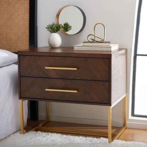 Alive with natural beauty and a dynamic modern pattern, this contemporary nightstand brings lan to any bedroom. Designed with a walnut finish and substantial brass metal hardware and legs, its generous two drawers make it as functional as it is stylish. Size: 2-drawer. Color: Brown. Contemporary Nightstand, Walnut Nightstand, Wood Nightstand, Changing Wall Color, Furniture Outlet Stores, Walnut Finish, Modern Pattern, Brass Metal, Metal Hardware