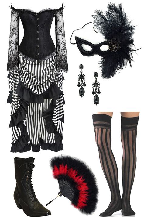 Western Can-Can Girl Costume Fun & Flirty with a Mask of Mystery #wildwetmercantile #vintagecostumes #cancangirls #saloongirl  View Details: https://www.wwmerc.com/cgi-bin/Category.cgi?category=72001&type=store&utm_campaign=CanCan&utm_medium=social&utm_source=Pinterest Saloon Costume Western, Saloon Girl, Saloon Girl Dress, Saloon Girl Costumes, Wild West Costumes, Wild West Outfits, Wench Costume, Circus Outfits, Saloon Girls