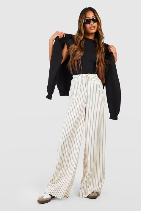 Stripe Wide Leg Floaty Pants White And Black Striped Pants Outfit, White Pinstripe Pants Outfit, Black Striped Pants Outfit, Black And White Striped Pants Outfit, Chic Striped High-waisted Wide Leg Pants, White Striped Pants Outfit, Chic Wide-leg Striped Pants, Pinstripe Pants Outfit, Chic Striped Full-length Bottoms