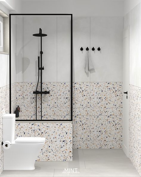 Neutral bathroom design with a playful touch of colorful terrazzo tiles. #3dvisualisation #interiordesigner #interiorarchitect #architect #interiordesigns #moderndesign #interiordesign #render3d #bathroomdesign #bathroomdesigners #bathroomdesigntips #terrazzotiles Terrazo Tiles Toilet, Wooden Floor Tiles Bathroom, Terrazo Bathroom Interior Design, Bathroom Ideas Terrazzo, Shower Partition Ideas, Terazzo Floor Bathroom, Terrazo Tile Bathroom Ideas, Terrazzo Bathrooms, Terrazo Tiles Bathroom