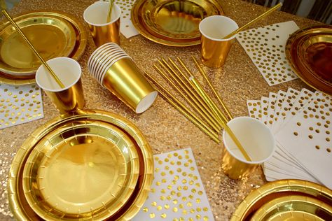 "This is ALL IN ONE Party Box has everything you need for a sparkling gold shindig! Perfect for a birthday, bridal shower, baby shower & more! 217 pieces of STUNNING goodness, which includes: (1) Gold Sequined Tablecloth (120\" x 60\") (8) Paper Fans (2) Gold Metallic Curtain Fringe (45) 12\" White Latex Balloons (12) 12\" Gold Latex Balloons (12) 12\" Gold Confetti Balloons (1) Balloon Strip (2) Golden Balloon Ribbons (11) Golden Artificial Leaves (25) 9\" Gold Paper Plates (25) 7\" Gold Pa Golden Theme Party, Golden Party Decorations, Narnia Birthday, Golden Birthday Themes, Gold Paper Plates, Gold Theme Birthday, Golden Bday, Golden Party, Golden Birthday Parties