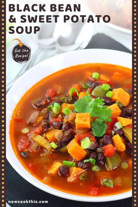 Black Bean And Sweet Potato, Bean And Sweet Potato, Easy Black Bean Soup, Carmelized Onions, Spicy Soup, Mexican Spices, Meatless Dinner, Black Bean Soup, Sweet Potato Soup