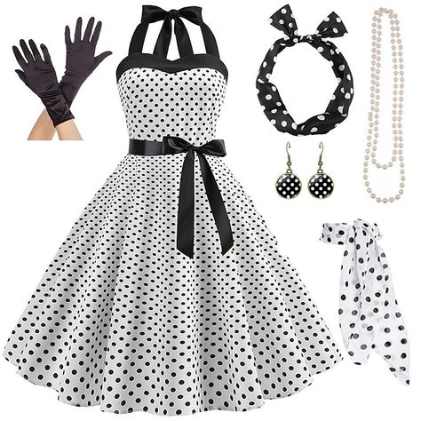 Old Money 1950s Outfits, 1960 Dresses Vintage, 1950s Polka Dot Dress, Vintage 1950s Dresses 50 Style, 50s Theme Outfit, Easy 50s Outfit, Glove Types, 1950s Dress To Impress, 60s Dresses Vintage