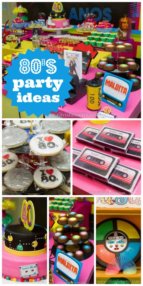 A 40th birthday party with photo booth props, a retro candy buffet and toys and decorations from the 80's!  See more party ideas at CatchMyParty.com! 80s Video Games Party Ideas, 80s Movie Party, Back To The 80s Party, 40th Birthday Themes, 80's Prom, Decades Party, 80s Birthday, 80s Party Decorations, 80's Theme