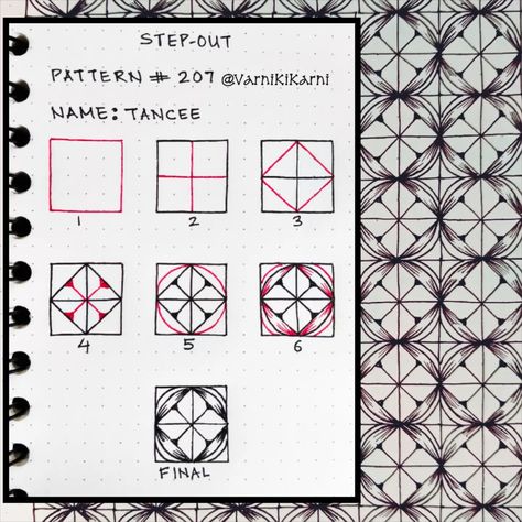 Step-out for Pattern # 207 Pattern name : Tancee Pattern by : Debra Figg Steps to untangle tangle Create this pattern and tag me #varniyehkarni #varnikikarnistepouts #varnikikarni #varnikikarnipatterns #varnikepatterns #varniaisekarni #zentangle #zentangleart #zentangleinspiredart #zentanglepatterns #zentanglelove #howtodraw #howitsmade #howtocreate #stepouts #untangle #stepbystep #stepbystepdrawing #stepbystepprocess #stepbysteppattern #patterndrawing #learnzentangleart #learningt... Tangle Art Step By Step, Dot Doodles, Doodling Tutorial, Zen Doodle Patterns, Tangle Pattern, Zen Tangle, Zentangle Designs, Tangle Art, Tangle Patterns