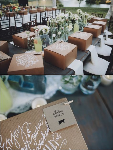 wedding place cards attached to gourmet picnic dinner boxes http://www.weddingchicks.com/2014/01/13/eclectic-midwest-wedding/ Wedding Picnic Tables, Picnic Table Wedding, Gourmet Picnic, Wedding Picnic, Outdoor Brunch, Picnic Dinner, Dinner Box, Picnic Box, Midwest Wedding