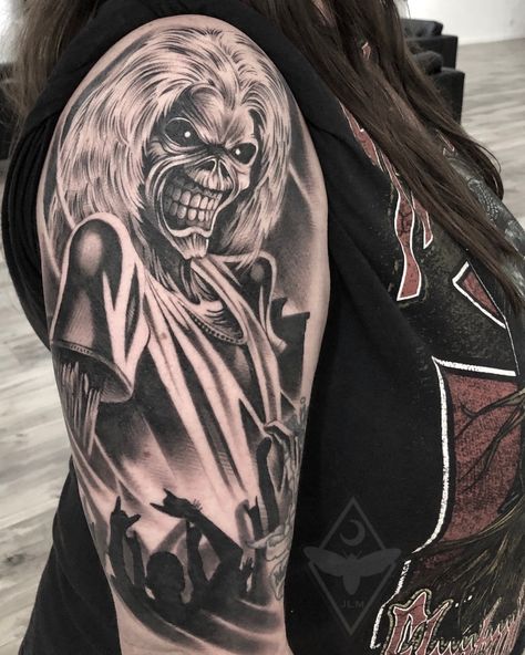 Slayer Tattoo Band, Iron Maiden Tattoo Ideas, Iron Maiden Eddie Tattoo, Metalhead Tattoo Ideas, Metal Band Tattoos, Heavy Metal Tattoo Ideas, Eddie Tattoo, Heavy Metal Tattoo, Metal Tattoos