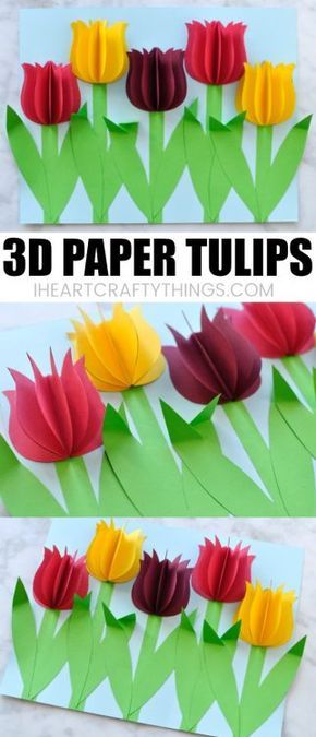 This colorful paper tulip flower craft makes a great spring kids craft or spring flower craft for kids. It also makes a great Mother's Day craft for kids. This pretty flower craft is easy to make and you will love how the 3D paper tulips and folded stems pop off the page. Paper Tulips, Preschool Creative Art, Spring Flower Crafts, Spring Crafts Preschool, Spring Kids, Spring Crafts For Kids, Flower Craft, Mothers Day Crafts For Kids, Tulip Flower