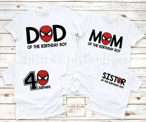 Birthday Party Spiderman, Spiderman Family, Birthday Shirts For Family, Spiderman Birthday Shirt, Superman Birthday Party, Spiderman Birthday Party Decorations, Spiderman Birthday Invitations, Superhero Party Favors, Marvel Birthday