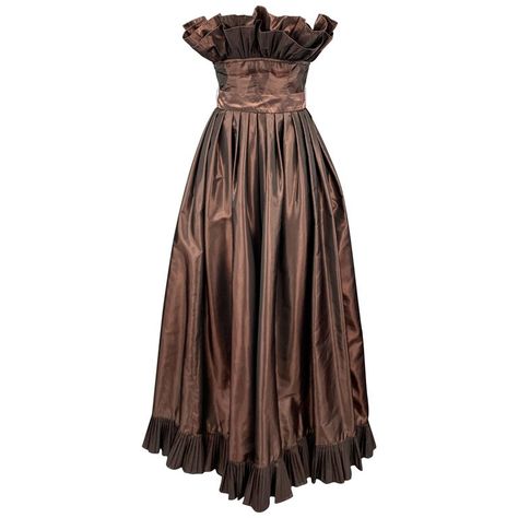 VICTOR COSTA Size 4 Brown Taffeta Strapless Ruffle Gown | From a unique collection of rare vintage Evening Gowns at https://www.1stdibs.com/fashion/clothing/evening-dresses/evening-gowns/. 1980s Glamour, Victor Costa Dress, Empire Waist Gown, Vintage Evening Gowns, Strapless Evening Gowns, Black Velvet Jacket, Sequin Evening Gowns, Ruffle Gown, Strapless Bustier