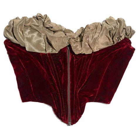 ▪ Vivienne Westwood strapless corset ▪ Museum piece ▪ Red velvet ▪ Olive lamé bra with wired piping ▪ Center-front zipper ▪ Size XS/S ▪ Fall-Winter 1989 ▪ Made in England Vivienne Westwood Runway 90s Corset, Jukebox Costume, Catastrophic Blues, Red Corset Outfit, Red Vivienne Westwood, Vivienne Westwood Corset, Vivienne Westwood Designs, 80s Rock Fashion, Vivienne Westwood Tops