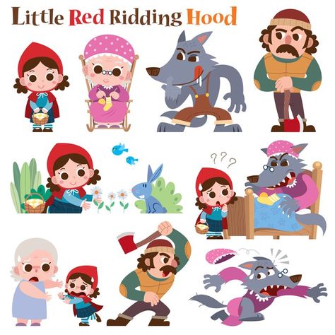 Little red riding hood fairy tale Premiu... | Premium Vector #Freepik #vector #girl #character #animal #child Red Riding Hood Characters, Red Riding Hood Wolf, Red Riding Hood Art, Red Ridding Hood, Circus Characters, Fairy Tale Illustration, Fairy Tale Characters, Fairy Book, Little Pigs