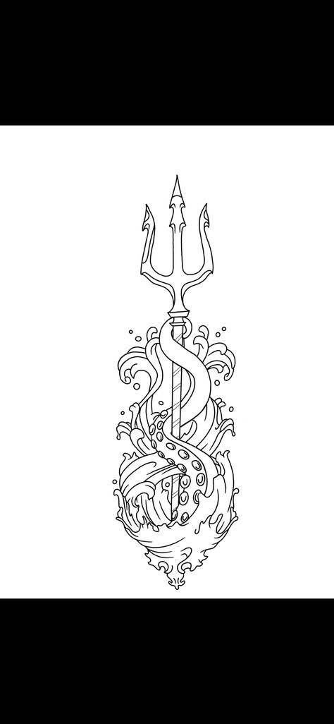 Posiden Drawing, Posiden Trident Tattoo, Simple Greek Tattoos, Trident Drawing, Greek Mythology Art Drawing, Poseidon Tattoo Design, Poseidon Drawing, Neptune Tattoo, Tree Frog Tattoos