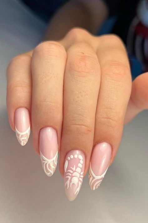 White Scorpio Nails Short Scorpio Nails, Scorpion Nail Art, Scorpio Nails Designs Short, Scorpion Nails Designs, Birthday Nail Set Ideas Scorpio, Scorpio Acrylic Nails, Scorpio Nails Acrylic, Scorpio Nail Art, Scorpio Nail Ideas