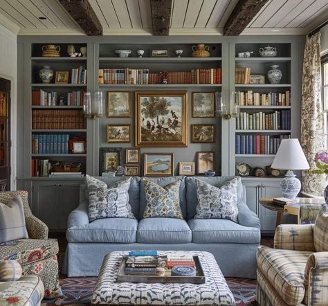 New England Transitional, Blue Bookshelves, English Farmhouse, English Living Room, Eclectic Living Room, A Living Room, Cottage Decor, House Inspiration, Great Rooms