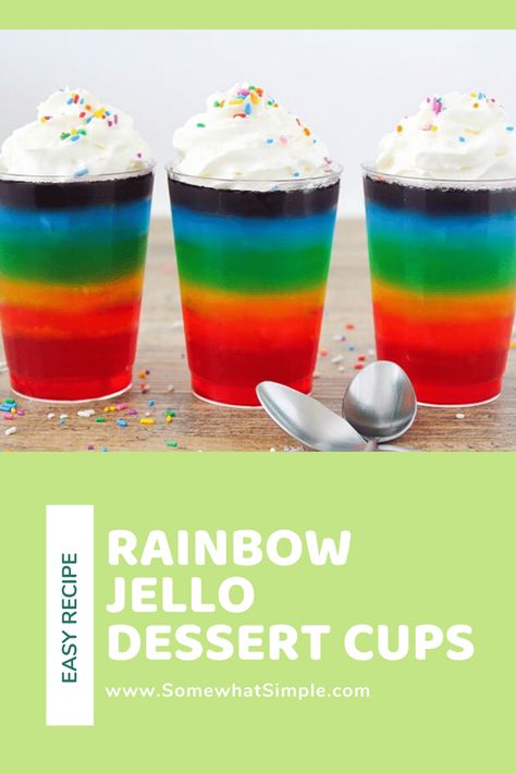 Jello For Kids, Rainbow Jello Cups, Jello Dessert Cups, Dessert Cups Easy, Rainbow Jello Recipe, Birthday Cake Alternatives, Rainbow Jello, Jello Cups, Disney Desserts