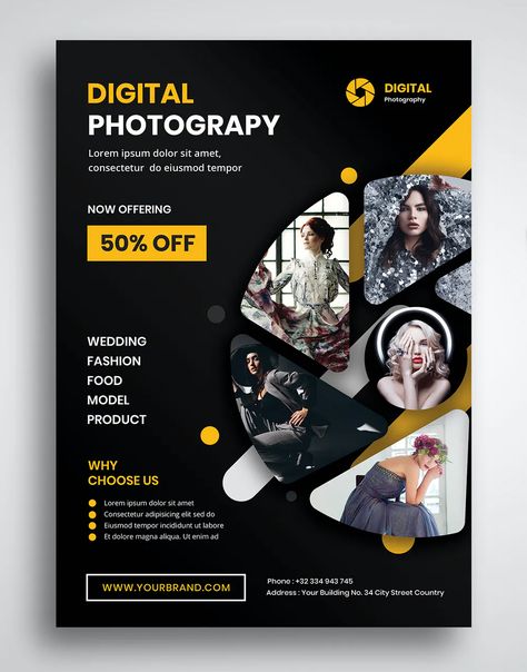 Digital Photography Flyer Template PSD Photoshop Layout Design, Photography Pamphlet Design, Photography Event Poster, Poster Photography Design, Photography Template Design, Flyer Design Photography, Products Flyer Design, Photography Poster Design Creative, Pamplet Layout Design