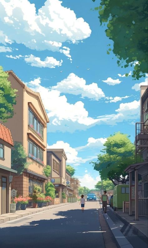 Anime Background Street Day, Street Anime Wallpaper, Sunny Day Aesthetic Wallpaper, Aesthetic Nature Drawing, Sunny Day Drawing, Sunny Day Illustration, Sunny Drawing, Sunny Day Wallpaper, 4k Aesthetic Wallpaper