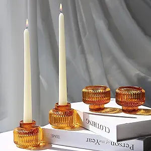 [Vintage Candlestick Holder]: Taper candle holder has warm amber color and classic ribbed glass design, it holds the taper candle perfectly, which can be a nice table decoration for fall wedding. When lit the votive/tealights, it emits pretty golden glow through the optical glass, creating a warm atmosphere for the dinning table Candle Stick Holders Decor, Glass Taper Candle Holders, Dinner Table Centerpieces, Fall Wedding Tables, Glass Candlestick Holders, Dinner Table Decor, Thanksgiving Table Decorations, Candle Holder Decor, Ribbed Glass