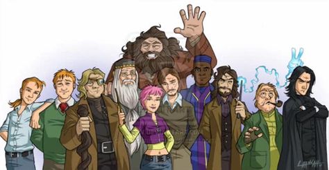 The order of the Phoenix. From left to right: Bill Weasely, Arthur Weasely, Alastor "MadEye" Moody, Albus Dumbledore, Rubeus Hagrid, Nymphadora Tonks, Remus Lupin, Kingsley Shacklebolt, Sirius Black,  Mundungus Fletcher, & Severus Snape Fanart Harry Potter, Remus And Tonks, Nymphadora Tonks, Arthur Weasley, Hogwarts Mystery, Harry Potter Film, Harry Potter Love, Harry Potter Obsession, Severus Snape