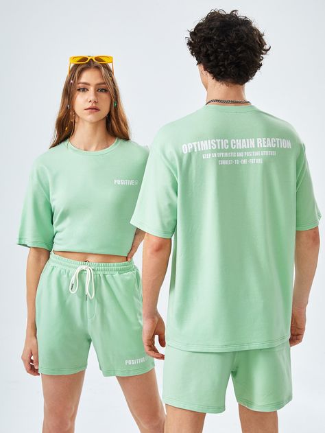 Mint Green Casual Collar Short Sleeve Polyester Letter  Embellished Slight Stretch Summer Men Co-ords Green Sportswear T-shirt For Summer, Sporty Green T-shirt With Screen Print, Green Moisture-wicking T-shirt For Streetwear, Cheap Green Sportswear T-shirt, Mint Tee, Green Relaxed Fit Sportswear T-shirt, Velvet Hoodie, Drop Shoulder Hoodie, Blue Bodycon Dress