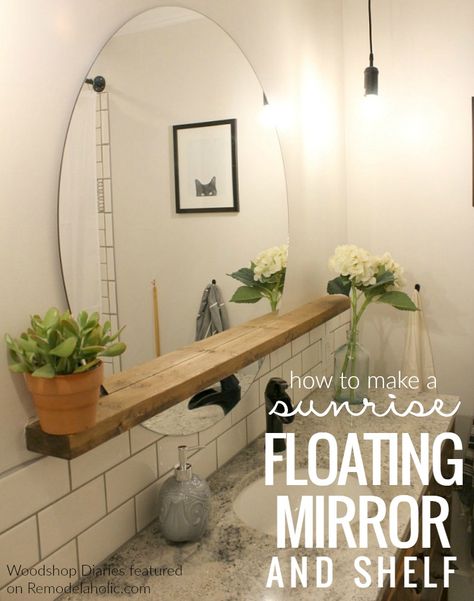 Give an inexpensive basic round mirror a modern update with this DIY sunrise floating mirror and shelf -- perfect for a bathroom vanity, but great for an entryway, too. Get this cool bathroom decor Tutorial from Woodshop Diaries on Remodelaholic.com #bathroomdecor #bathroommirror #building Second Bathroom, Diy Remodeling, Remodeling Bathroom, Bathroom Projects, Cottage Designs, Cheap Bathrooms, Decor Ikea, Mirror With Shelf, Diy Bathroom Decor