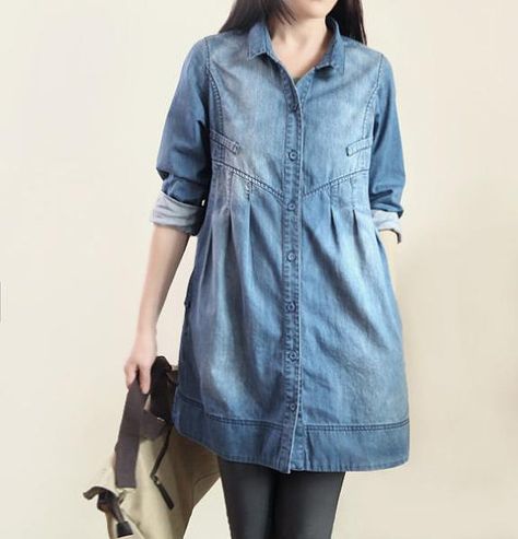 Cowboy warmth/ Leisure single breasted shirt/ Long Lapel by MaLieb, $72.00 Vestiti In Jeans, Long Linen Shirt, Oversized Dresses, Women Shirt Dress, Linen Long Dress, Moda Denim, Mode Hippie, Denim Tunic, Shirt Dress Summer