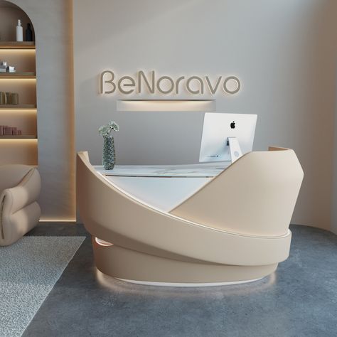 #salonreception #salón #salonmarocain #receptiondecor #receptiondesk #frontdesk #beautylounge #receptionarea Desk Reception, Modern Reception Desk, Reception Desk Office, Curved Table, Desk Modern, Modern Led Lighting, Modern Reception, Reception Furniture, Office Reception