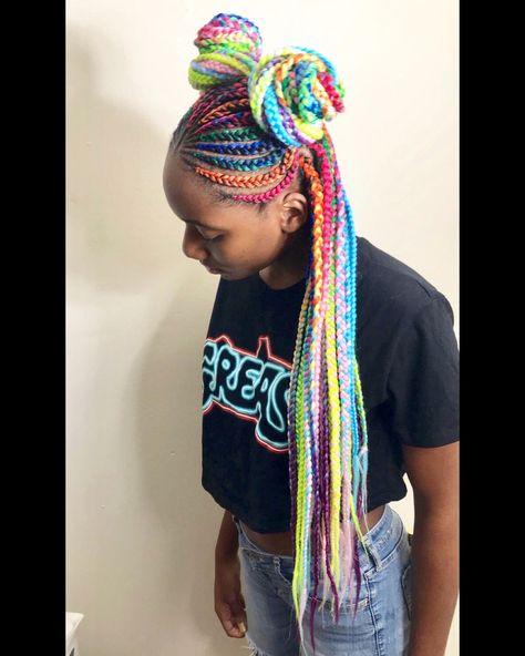 Image may contain: one or more people and closeup Rainbow Cornrows, Rainbow Braids For Kids, Rainbow Box Braids, Unicorn Braids, Colorful Braids, Color Braids, Rainbow Beauty, Braids Pictures, Rainbow Braids