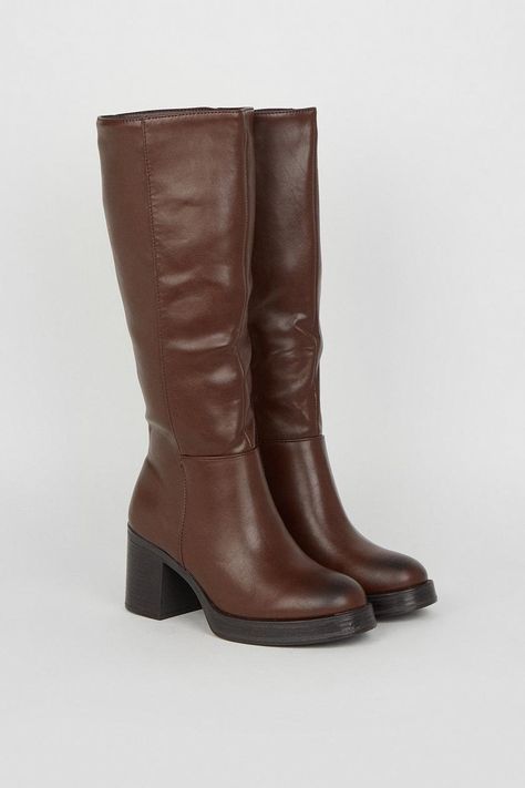 Boots | Platform Knee High Boots | Oasis Brown Heeled Boots Outfit, Brown Fall Boots, Platform Knee High Boots, Oasis Fashion, Autumn Boots, Brown Autumn, Brown Heeled Boots, Knee Boots Outfit, Brown Knee High Boots