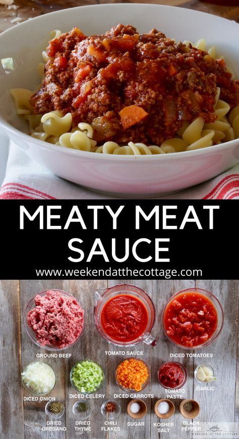 The Best Meaty Meat Sauce - Weekend at the Cottage Minced Meat Sauce, Ground Beef Meat Sauce, Quick Meat Sauce, Weekend At The Cottage Recipes, Mince Recipes For Dinner, Pasta Meatsauce, Pasta With Minced Meat, Athlete Meals, Making Lasagna