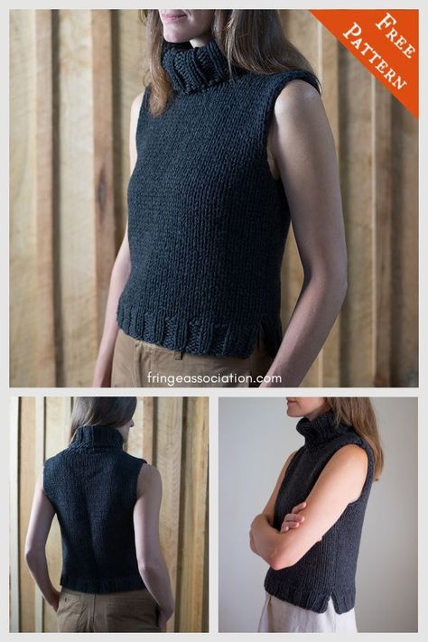 Sloper Sleeveless Turtleneck Sweater Free Knitting Pattern Knit Sleeveless Turtleneck Pattern, Sleeveless Top Knitting Pattern, Knit Sleeveless Sweater, Knitting Sleeveless Sweater Pattern, Knitting Tops For Women Free Pattern, Chunky Knitted Vest Patterns Free For Women, Turtle Neck Sweater Knitting Pattern, Knitted Sleeveless Top Outfit, Chunky Knit Vest Pattern Free