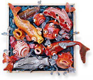 Carp diem | Polymer Clay Daily Sculpey Ideas, Robin Art, Polymer Art, Art Fish, Clay Wall Art, Contemporary Art Painting, Polymer Clay Animals, Clay Wall, Clay Tiles