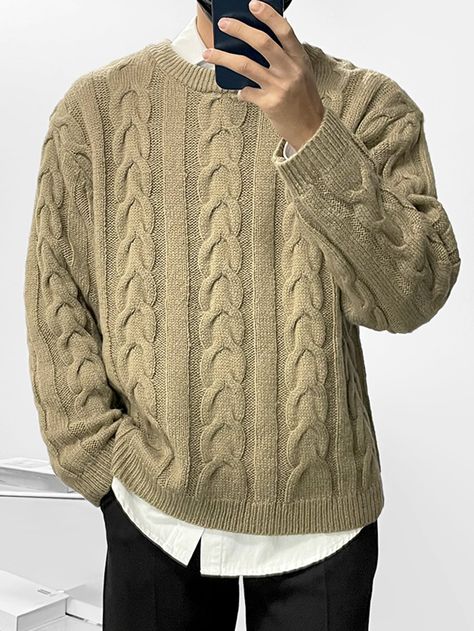 Khaki Casual Collar Long Sleeve Fabric Plain Pullovers Embellished Slight Stretch  Men Knitwear Sweaters With Collared Shirts, Cable Knit Sweater Outfit, Mens Cable Knit Sweater, Sweater Outfits Men, Knit Sweater Outfit, Crochet Men, Trendy Mens Fashion, Style Inspiration Casual, Guys Clothing Styles