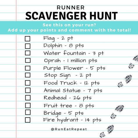 In honor of National Scavenger Hunt Day I created this Running Scavenger Hunt! Keep an eye out for these things on your next run. Then add up your points and comment with your total. Let me know if you see something super fun that’s unique to where you run too! Have a good run! Bushcraft Gear, Running Race, Cross Country Running, Fun Run, Tips For Women, Animal Statues, Running Tips, Staying Alive, Scavenger Hunt